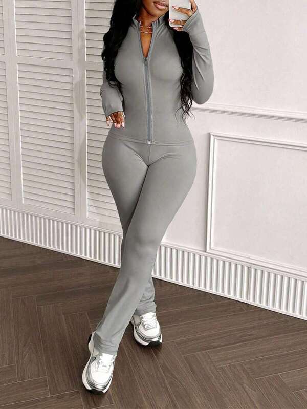 2pcs/Set Women's Fashion Spring/Autumn Fashion Slim Solid Color Top With Zipper Jacket And Long Pants Suit