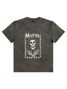 MISFITS Skull Graphic T-Shirt - Red Marbled Tie-Dye Textured Crew Neck Short Sleeve Tee, Stylized Grim Reaper Skull Design With Smaller Skulls Border, White Bold Font Above - Perfect For Rock Fans, Casual Summer Breathable Top- Fall Graphic T-Shirt Women's Halloween Animal Print Casual T-Shirt For Fall Outfit - 深灰色 - 查看 6
