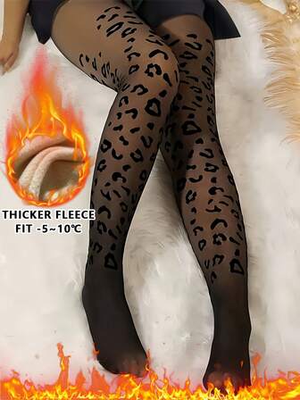 Mysiga plusstorlekar leopardmönstrade ulltermosstrumpbyxor för kvinnor, vintervärme, handtvättbara/kemtvättbara, lämpliga för både vardags- och festkläder, lämpliga för -5 till 15 grader Celsius