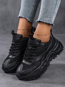 秋冬女式运动前厚底运动鞋，双色图案系带厚底鞋，黑色，轻便透气，舒适户外运动鞋 - 黑色 - 查看 5