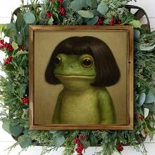 2D Flat 1pc Wood Frame Sign Wood Frame Frog Girl, Brown Short Hair, Surrealistic Portrait Style Wooden Wall Art Prints 8x8inch Wood Painting For Living Room Bedroom Office Bathroom Dorm Home Decor, Ready To Hang - 彩色 - 查看 3