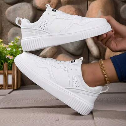 Unisex Casual Sneakers, Couples Shoes Size 36-45, Pure White Men's Shoes, New Autumn Women's Small White Shoes, Men's Flat Low-Top Shoes, Outdoor Skateboard Shoes, Lightweight Breathable Fashionable Flat Women's Shoes, Comfortable Daily Casual Men's Outdoor Walking Shoes