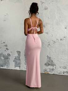 Autumn Minimalist Sexy Hot Girl Sexy Ruffled Lace-Up Slim Stretch Dress, Suitable For Valentine's Day, Dates, Gatherings, Parties, Travel, Vacation, Beach And Other Occasions - 粉色 - 查看 4