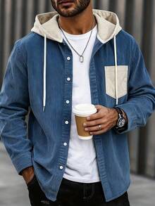 Herr Långärmad Färgblocksjacka med Dragsko och Manschetttyg Avslappnad Snygg Skolajacka För Vardagsbruk, Pendling, Mångsidig Vår/Höst Ny Stil, För Höst - Blå - Visa 1