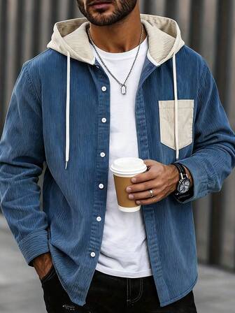 Men's Long Sleeve Color Block Hooded Drawstring Cord Fabric Casual Stylish School Jacket For Daily Wear, Commute, Versatile Spring/Autumn New Style, For Fall