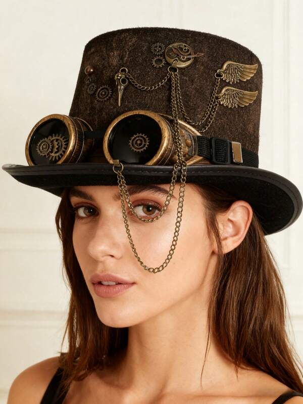 1 pezzo Cappello stile steampunk da donna, con tesa larga in tinta unita, decorato con occhiali da vista in metallo, denti, catena, corona rotonda in feltro, cappello da costume elegante, design di unisex