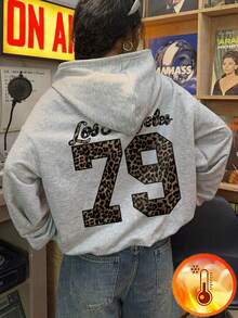 1pc Tween Girl Casual Leopard Print Letter Graphic Pullover Sweatshirt, Thermal Lined, Autumn/Winter