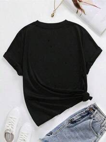 Camiseta casual de mujer, 100% algodón con estampado gráfico moderno, camiseta de manga corta con cuello redondo casual y cómoda, ropa de primavera y verano, adecuada para cualquier ocasión, color sólido, casual, uso diario. - Negro - Ver 4