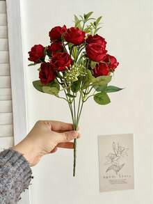 1/3支装12英寸人造玫瑰花束，仿真玫瑰，婚礼花束，新娘及伴娘花束，家居花园，客厅，商场花盒装饰，适用于房间装饰、家居装饰、厨房装饰、婚礼装饰、场景布置、客厅和卧室花瓶摆设 - 紅色 - 查看 1