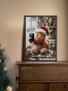 2D plat, 1 pièce Peinture de bonhomme en pain d'épices d'hiver de Noël, décoration de vacances imperméable à l'encre avec chapeau de Père Noël et paysage enneigé, style art déco moderne classique pour salon, chambre, cuisine, salle de bain, bureau à domicile, dortoir - cadeau parfait, décoration de pièce de vacances, sans cadre