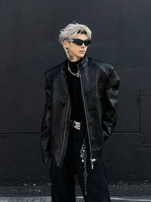 Small Niche Dragon Bone Metal Spine Fold Deconstruction Short Leather Jacket Jacket - Black - View 4