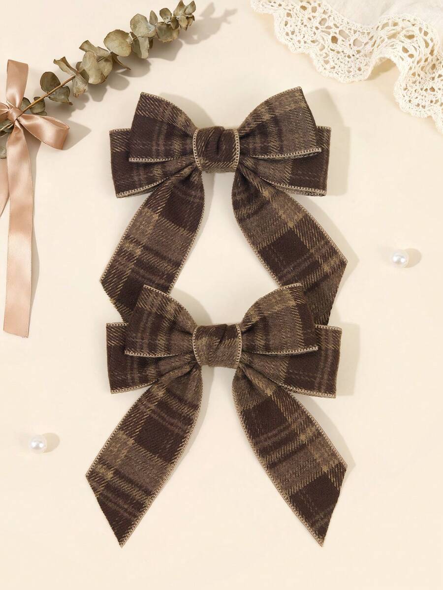 2个棕色格子发夹，优雅蝴蝶结鳄鱼夹，温暖可爱甜美日常发饰，复古格子发夹，适合青少年 - 棕色 - 查看 1