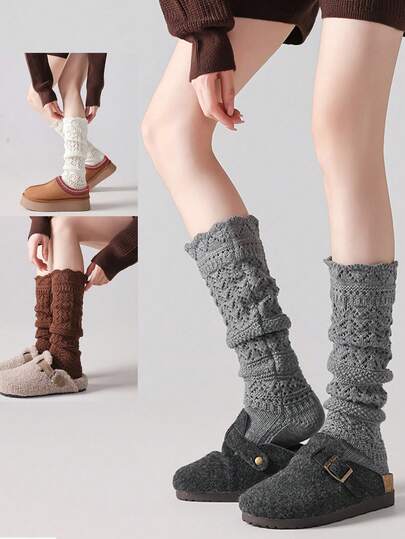 Damskie dzianinowe podkolanówki z wycięciami, pasujące do śniegowców, seksowny styl, jesień/zima, kolor kawowy