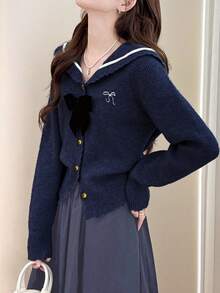 Alicedudu Cardigan vintage bleumarin cu guler decorat cu funde pentru femei, toamnă/iarnă