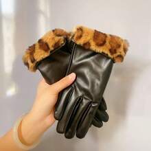 2PC Gloves For Women Winter PU Leather Fur Trim Fleece Lined Outdoor Windproof Cycling Touchscreen Cold-Proof Warm Thickened Driving Leather - S136 Lông báo gấp gọn - Xem 8