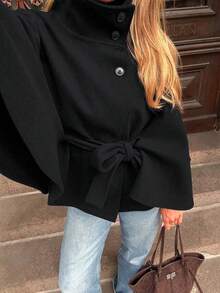 Women's Solid Color Front Button Tie Waist Woolen Cloak, Casual & Date Wear, Autumn/Winter Overcoat
