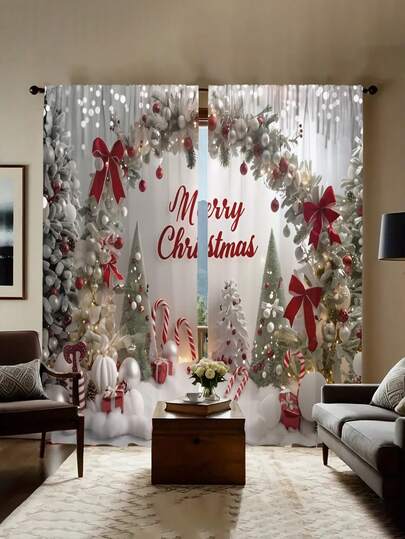 1 set van 2 stuks, moderne kunstkerst, kerstboom, Kerstman, kerstsneeuwvlok, decoratieve gordijnen voor de woonkamer, semi-verduisterende gordijnen, semi-transparante gordijnen, slaapkamergordijnen, woonkamergordijnen, woondecoratiegordijnen