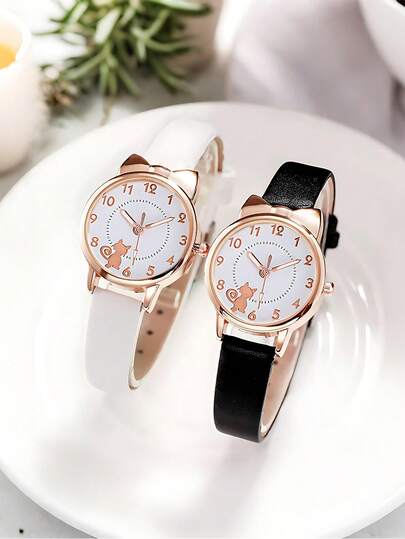 Relógio de gato fofo com mostrador com padrão de desenho animado, pulseira de couro simples e requintada, relógio de quartzo moderno para estudantes, adequado para adolescentes, meninas e meninos, o relógio de quartzo ideal para presente.