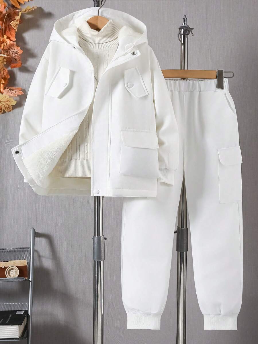 2 件套青少年男孩休闲保暖内衬连帽夹克和工装裤套装，秋冬 - 白色 - 查看 1