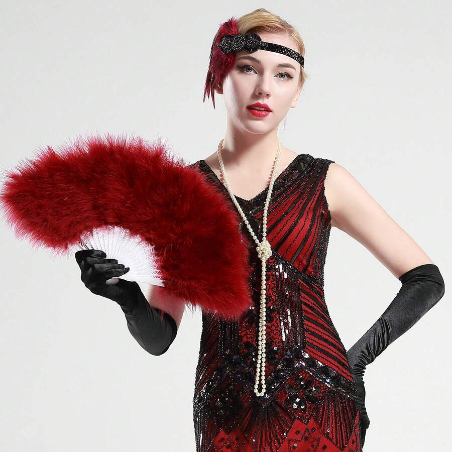 BABEYOND Marabou Feather Fan 20s Vintage Folding Fan Flapper Hand Fan For Costume Dancing Show Tea Party Wedding Decoration (Wine Red) - 酒紅色 - 查看 1