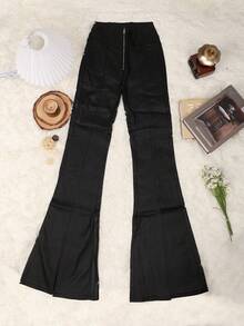 Apperloth A Quần cạp cao co giãn kéo khóa xẻ viền bằng da PU quần ống loe - màu đen - Xem 5