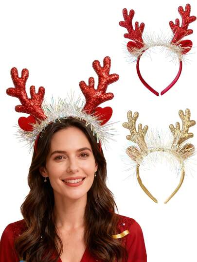 1Pc Christmas Golden Reindeer Antlers Headbands Hair Bands Christmas Glitter Elk Antlers Headbands Holiday Party Gift Costume For Women Costume Princess Accessory,Xmas Decoration Party Headpiece