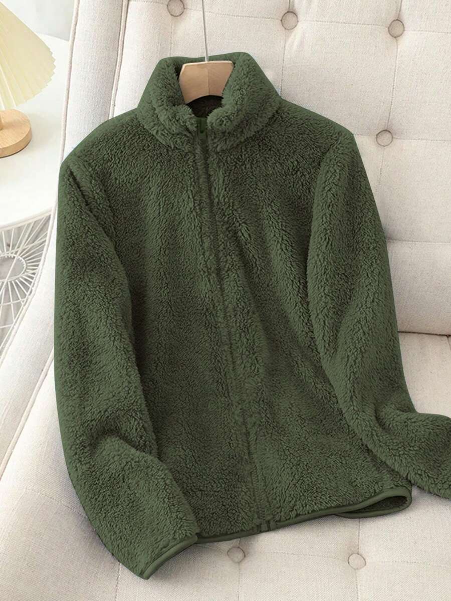 Women's Solid Color Thick Warm Double-Sided Fleece Zip-Up Jacket, Winter - Green - View 1