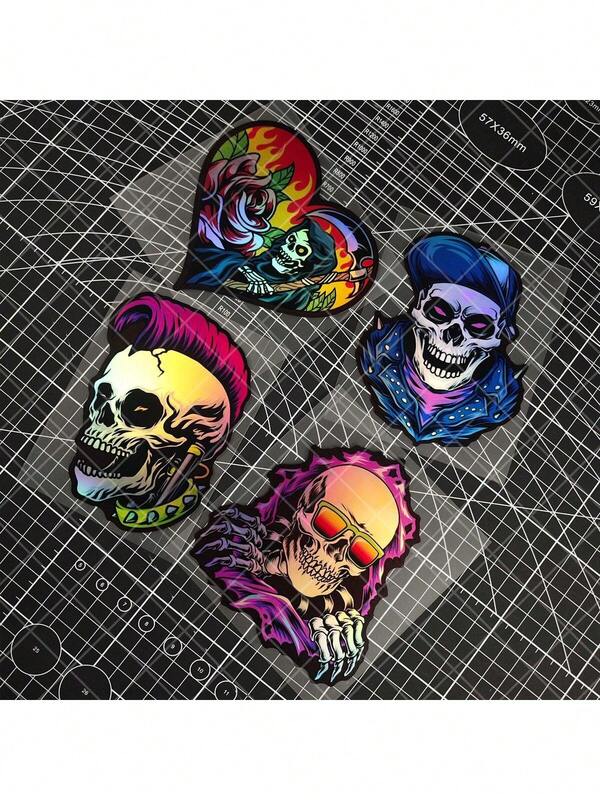 1pc Punk Skull Halloween Car Sticker, Grim Reaper Scythe Laser Design Decal For Laptop, Computer, Fuel Tank, Motorcycle, E-Bike, Rear Window, Horror Skull, Personalized Creative Waterproof Car Sticker