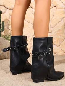 Botas de tobillo negras para mujer, botas de tacón grueso de punta puntiaguda hasta la pantorrilla, botas de montar ajustadas y sexy - Negro - Ver 4