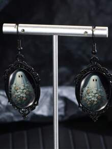 Gothic Style Black Pendant Earrings With Ghost Bride Pattern, Glass Mosaic And Zinc Alloy, Suitable For Women - Iron Earring Hooks, No Feathers, Suitable For Daily And Party Occasions - All Seasons