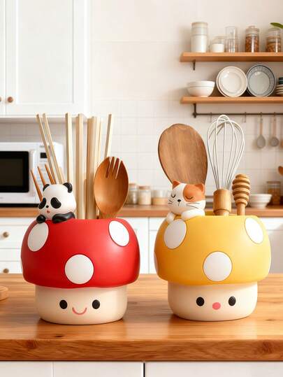 1 pieza Estante de utensilios de cocina con diseño de hongo de dibujos animados, organizador multifuncional de cubiertos con diseño de drenaje, solución de almacenamiento encantadora para la encimera para palillos, cucharas, tenedores, accesorio de decoración de cocina con estilo, ideal para rincón del desayuno, cocina del hogar y cafetería, soporte de cubiertos ahorra espacio, regalo perfecto para amantes de la cocina