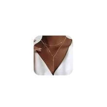 Luxval Lariat Gold Necklace For Women, Dainty Long Necklace 14k Gold Plated/Silver Y-Shaped Pendant Necklaces  Beaded Chain Drop Necklaces Jewelry For Women Gifts{"Color_name":"Gold-YLayeredBeadNecklace"} - 金色-Y形多層珠項鍊 - 查看 1