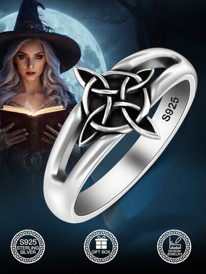 1pc S925 Sterling Silver Witch Celtic Knot Resin Women's Ring, Witch Rune Pattern, Versatile Daily Wear, Eye-Catching Party Accessory, Faith Ring, Lucky Ring, Suitable For Halloween, Unisex Jewelry, Birthday/Valentine's Day Gift, Comes With Gift Box