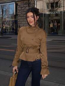 FGGG Double-Breasted Shoulder Strap Women's Brown Short Trench Coat Autumn Winter Belted Waist British Commuter Style Office Party And Streetwear Women's Jacket