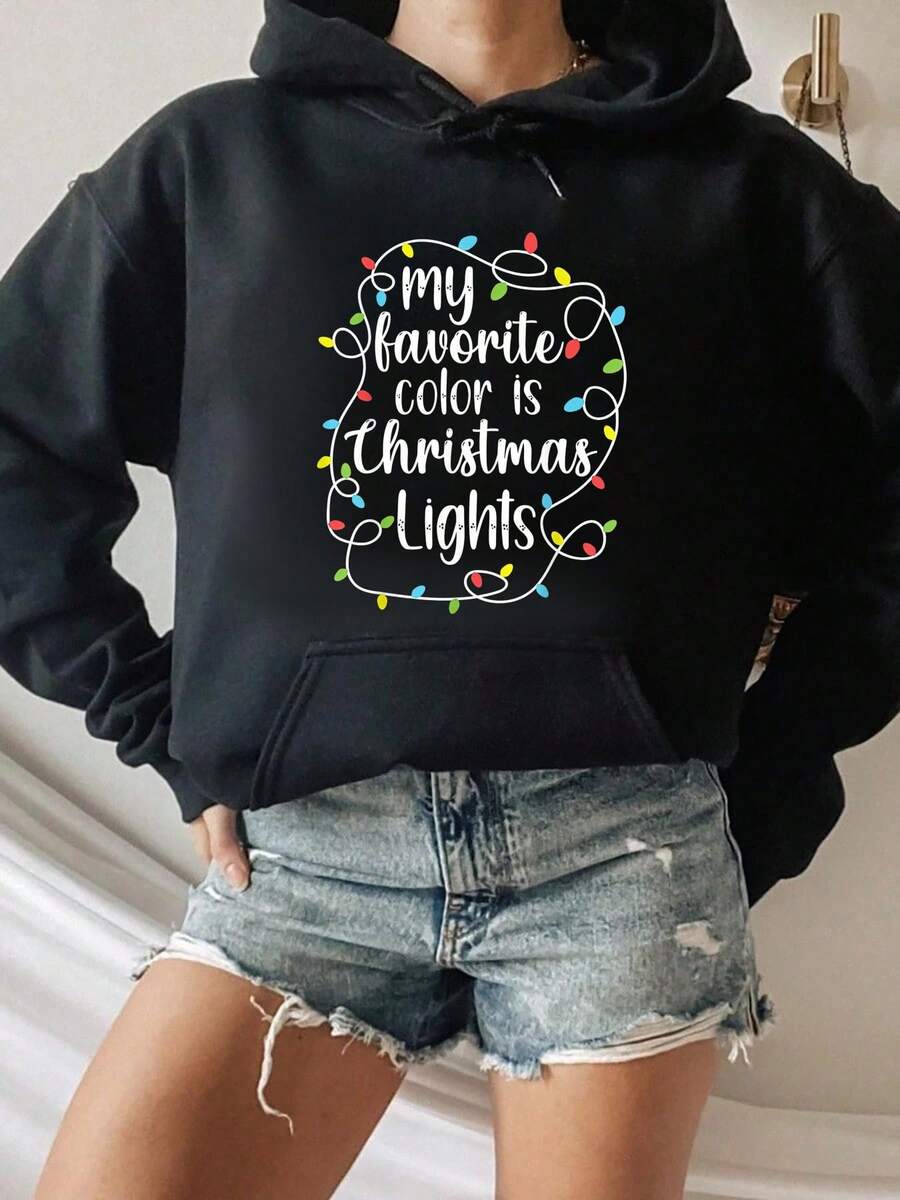 Mon couleur préférée est les lumières de Noël, Sweat-shirt à capuche de Noël amusant - Noir - Voir 1