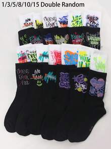 1/3/5/8/10/15 Paar Damen Kniestrümpfe, koreanischer Stil Graffiti & Buchstaben Bedruckte Crew Socken, rutschfest, für jeden Anlass geeignet, Frühling/Herbst