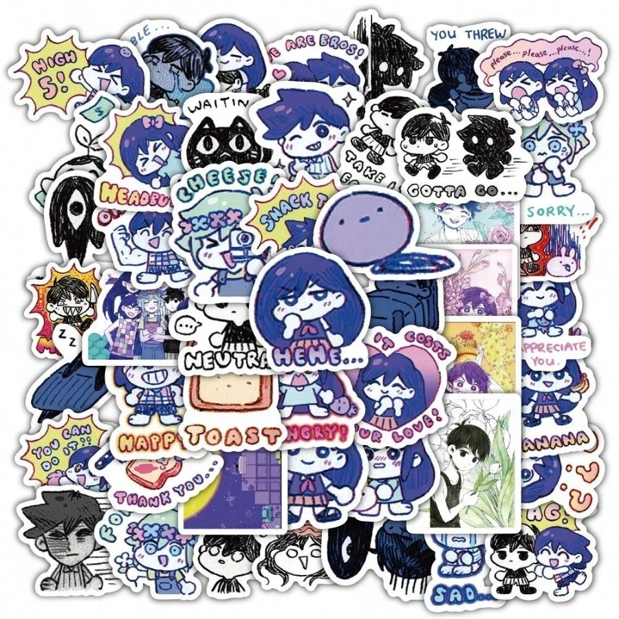 1/60张 Omori 游戏贴纸 - Aubrey、Kel - 防水贴纸，DIY 贴纸，适用于笔记本电脑、手机、水瓶，生日、圣诞节、万圣节、感恩节礼物 - 光面，多种形状 - 彩色 - 查看 1