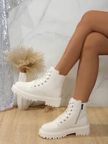 女童新款侧拉链厚底靴冬季保暖系带踝靴机车靴英伦风 - 白色 - 查看 6