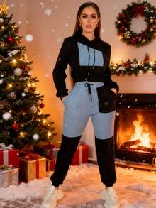 Elegancki i modny damski garnitur z kapturem w kontrastowym kolorze, garnitur w stylu europejskim i amerykańskim, bluza w kontrastowym kolorze w kolorze czarnym i niebieskim + spodnie dresowe z łączeniem, modny dwuczęściowy garnitur w stylu ulicznym Versa, damski garnitur jesienno-zimowy, odpowiedni na tańce, imprezy, randki, wesela, sporty, plaże, Halloween, Boże Narodzenie, Nowy Rok, Święto Dziękczynienia.