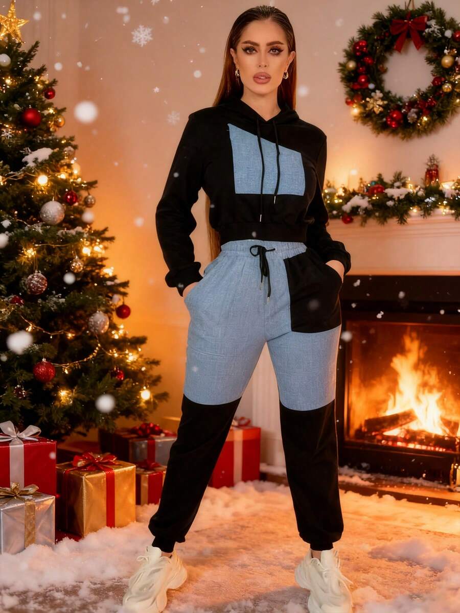 Elegancki i modny damski garnitur z kapturem w kontrastowym kolorze, garnitur w stylu europejskim i amerykańskim, bluza w kontrastowym kolorze w kolorze czarnym i niebieskim + spodnie dresowe z łączeniem, modny dwuczęściowy garnitur w stylu ulicznym Versa, damski garnitur jesienno-zimowy, odpowiedni na tańce, imprezy, randki, wesela, sporty, plaże, Halloween, Boże Narodzenie, Nowy Rok, Święto Dziękczynienia.