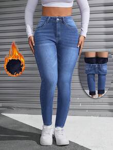 女士冬季休闲高弹水洗牛仔修身长裤，加厚保暖内里，冬季穿着舒适 - 中等水洗藍 - 查看 1