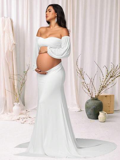 JustVH 2pcs Maternity Lantern Sleeve Tube Top & High Slit Maxi Dress, Suitable For Photo Shoot And Baby Shower