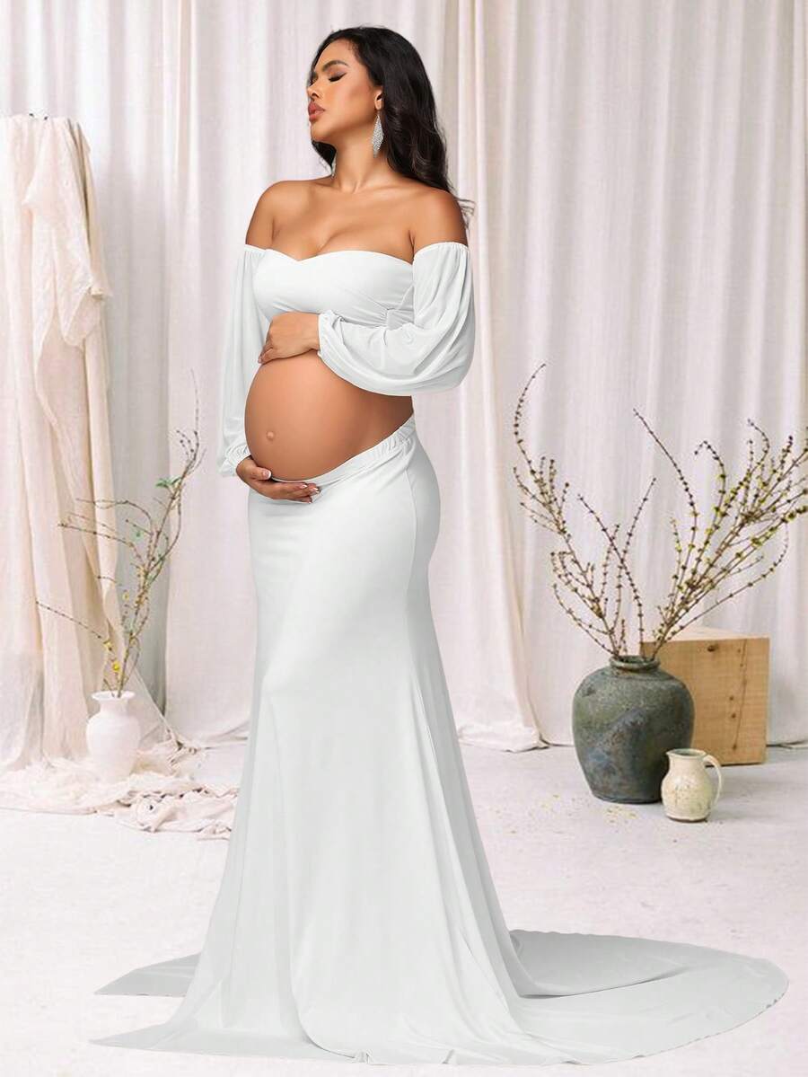 两件套孕妇灯笼袖抹胸上衣和高开衩长裙，适合拍照和迎婴派对，白色春季款 - 白色 - 查看 1