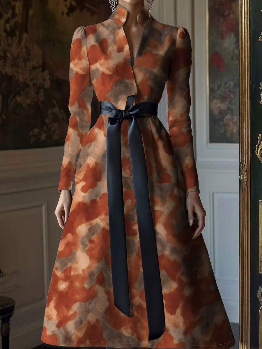 女士优雅舒适日常橙色混色印花缎面长袖A字V领连衣裙,春秋季 - 珊瑚橙 - 查看 1