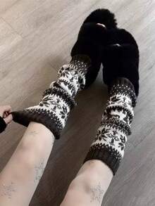 1双秋冬季卡其色/红色/灰色/黑色保暖雪花复古费尔岛针织过膝长筒袜，舒适保暖 - 彩色 - 查看 8