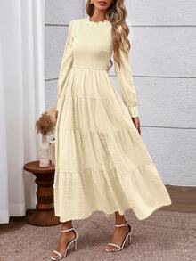 Women's Long Sleeve Maxi Dresses Fall Casual Smocked Trim Neck Swiss Dot Tiered Flowy Wedding Guest Dress - 杏色 - 查看 5