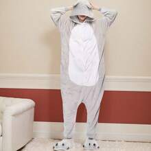 Pijama Entero Acolchado Unisex para Adultos | Color Gris con Patrones de Gatitos Cartoon | Modelo Otoño-Invierno Ideal para Parejas | Ropa de Dormir Perfecta para Halloween y Navidad - Gris - Ver 2