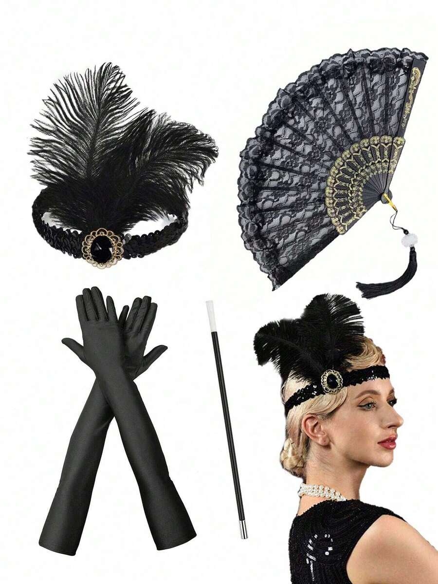 1/4 Pcs 1920s Women Flapper Costume Accessories Set Great Gatsby Party Handheld Foldable Lace Floral Fan Feather Headband Long Glove Halloween Decorations Gift Opera Party With Artificial Feather Headband Prom,Party Gifts, New Year, Thanksgiving, Christmas Gifts, Easter Gifts - Multicolor - View 1