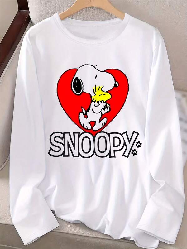 Women's Long Sleeve T-Shirt, Snoopy IP Licensed, Snoopy And Red Heart Cartoon Graphic Print Long Sleeve T-Shirt, Round Neck Fashion Top, Easy Care Material, Suitable For Daily Wear, Women's Clothing, Women's T-Shirt