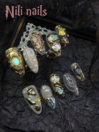 10pcs/Set Handmade Almond Y2K Baddie Style Press On Nails, Gold&Blue Cat Eyes Press On Nails Blue&Orange Tie Dye Bare Gradient Dyeing Handmade Metal Drawing Geometric Patterns With 3D Crown&Diamond Design Full Cover False Nails For Womenhnlged Occasions Daily Wear Great Gift ForWomen And Girls, Suitable For Use At Party Music Festivals, With 1 Jelly Pad And 1 Nail File